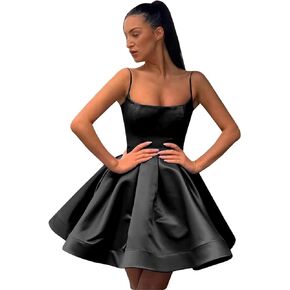 A-line Satin Homecoming Dress Spaghetti Straps for Women, Short Square Neck Cocktail Dress Sleeveless Prom Dress