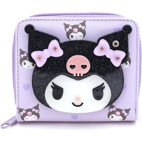 Cute Cartoon Kuromi-Rabbit Secret Mirror Lovely Violet Bifold Zip Around Vegan Leather Wallet with Cards Coin Bill Holder, Officially Licensed Character Design