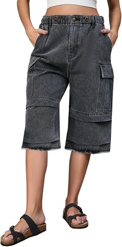 Women's High Waist Capri Jeans, Unisex Camo Denim Stretchy Waistband Multi Pockets Baggy Cargo Capris Pants for Hiking in Kuwait