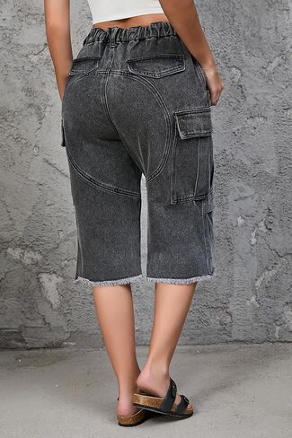 Women's High Waist Capri Jeans, Unisex Camo Denim Stretchy Waistband Multi Pockets Baggy Cargo Capris Pants for Hiking in Kuwait