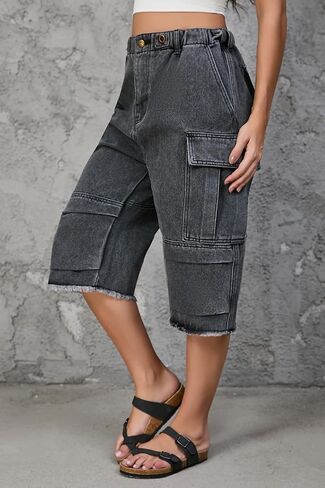 Women's High Waist Capri Jeans, Unisex Camo Denim Stretchy Waistband Multi Pockets Baggy Cargo Capris Pants for Hiking in Kuwait