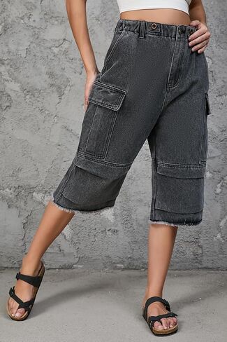 Women's High Waist Capri Jeans, Unisex Camo Denim Stretchy Waistband Multi Pockets Baggy Cargo Capris Pants for Hiking in Kuwait