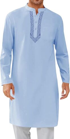 Runcati Mens Kaftan Thobe Button Down Casual Henley Shirts Long Sleeve Robe Cotton Linen Muslim Gown Shirt in Saudi Arabia