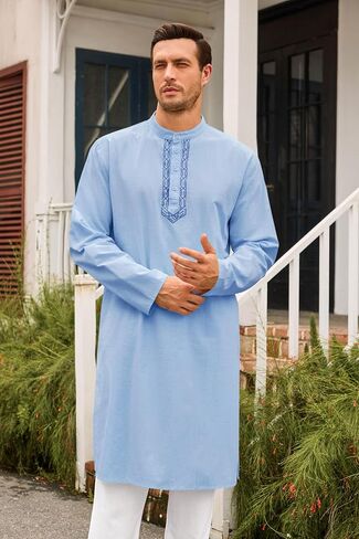 Runcati Mens Kaftan Thobe Button Down Casual Henley Shirts Long Sleeve Robe Cotton Linen Muslim Gown Shirt in Saudi Arabia