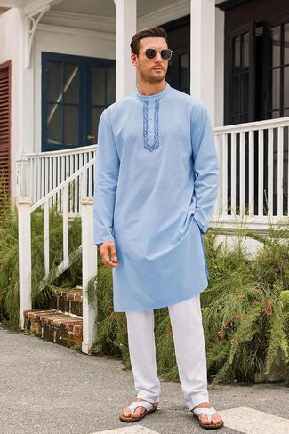 Runcati Mens Kaftan Thobe Button Down Casual Henley Shirts Long Sleeve Robe Cotton Linen Muslim Gown Shirt in Saudi Arabia