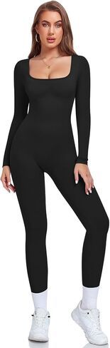 KIKIMINK Long Sleeve Workout Jumpsuit for Women Tummy Control Square Neck Ribbed Yoga Bodysuit Bodycon One Piece Romper in Saudi Arabia