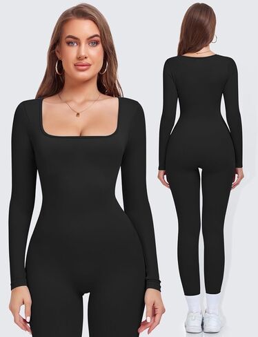 KIKIMINK Long Sleeve Workout Jumpsuit for Women Tummy Control Square Neck Ribbed Yoga Bodysuit Bodycon One Piece Romper in Saudi Arabia