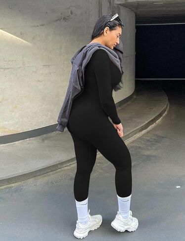 KIKIMINK Long Sleeve Workout Jumpsuit for Women Tummy Control Square Neck Ribbed Yoga Bodysuit Bodycon One Piece Romper in Saudi Arabia