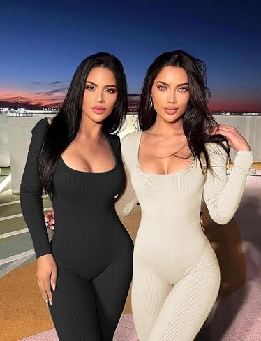 KIKIMINK Long Sleeve Workout Jumpsuit for Women Tummy Control Square Neck Ribbed Yoga Bodysuit Bodycon One Piece Romper in Saudi Arabia