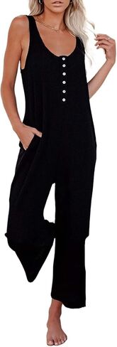 Happy Sailed Womens Casual Sleeveless Front Button Loose Jumpsuits Stretchy Knit Jumpers Long Pants Romper with Pockets in Saudi Arabia