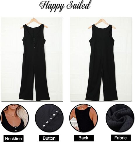 Happy Sailed Womens Casual Sleeveless Front Button Loose Jumpsuits Stretchy Knit Jumpers Long Pants Romper with Pockets in Saudi Arabia