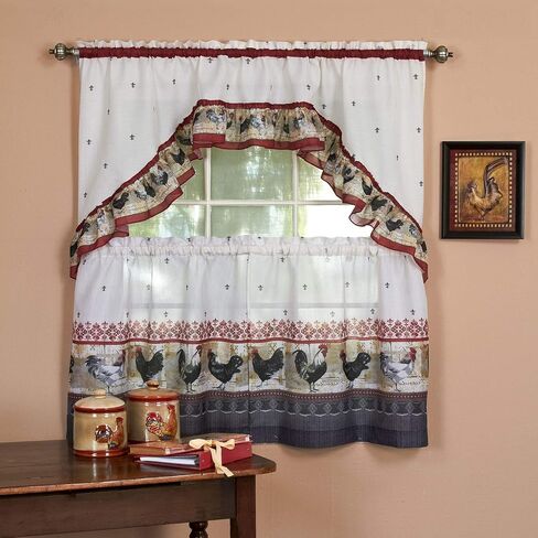 مجموعة PrimeHome Collection Rooster - مجموعة ستائر نافذة مطبوعة وطبقة Swag - 57x24 - عنابي in Kuwait