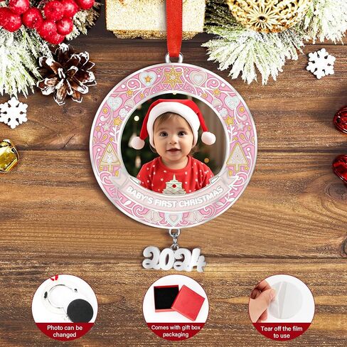 Baby‘s First Christmas Photo Ornament 2024, Personalized Baby Boy Girl First Christmas Ornament, Xmas Tree Hang Decoration, Keepsake Newborn Baby Picture Ornaments Pink in Saudi Arabia
