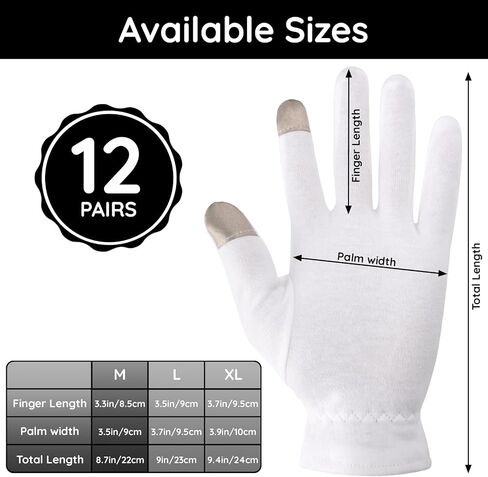 Segbeauty 12 Count Moisturizing Gloves with Touchscreen Fingers, Cotton Glove Liners with Elastic Band for Sleeping Overnight, White Cotton Glovesfor Men and Women, Work Gloves for Coin Handling Large in Saudi Arabia