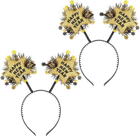 WLBON 2 Pcs Happy New Year Headband Star Hair Hoops Bands Headpiece Hairband Women Christmas Xmas New Year Eve Wedding Holiday Festival Parade Cosplay Dress Up Birthday Party Accessories Golden Silver in Kuwait
