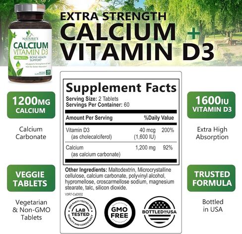 Calcium 1200 mg with Vitamin D3, Calcium Supplement Vitamins, Supports Bone Strength, Teeth & Immune System, Calcium Supplements for Women & Men, Nature's Absorbable Calcium Carbonate - 120 Tablets in Saudi Arabia