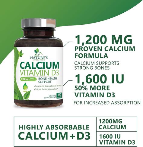 Calcium 1200 mg with Vitamin D3, Calcium Supplement Vitamins, Supports Bone Strength, Teeth & Immune System, Calcium Supplements for Women & Men, Nature's Absorbable Calcium Carbonate - 120 Tablets in Saudi Arabia