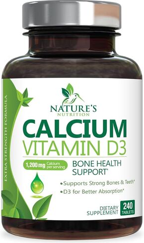 Calcium 1200 mg with Vitamin D3, Calcium Supplement Vitamins, Supports Bone Strength, Teeth & Immune System, Calcium Supplements for Women & Men, Nature's Absorbable Calcium Carbonate - 120 Tablets in Saudi Arabia