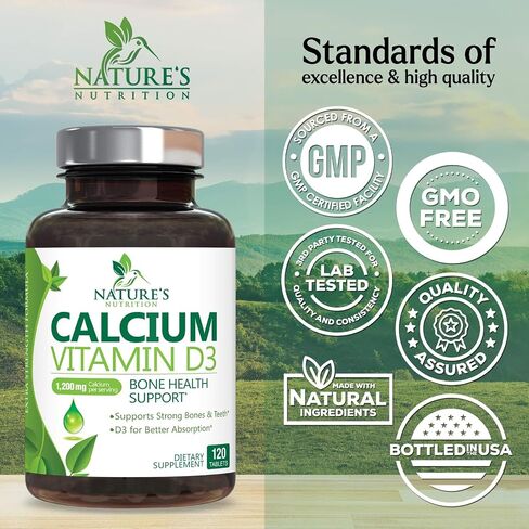 Calcium 1200 mg with Vitamin D3, Calcium Supplement Vitamins, Supports Bone Strength, Teeth & Immune System, Calcium Supplements for Women & Men, Nature's Absorbable Calcium Carbonate - 120 Tablets in Saudi Arabia