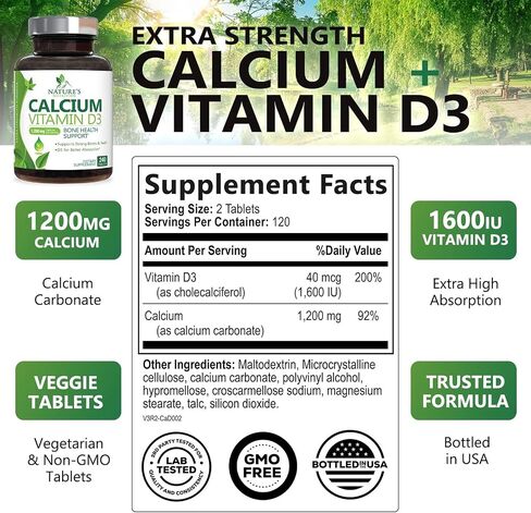 Calcium 1200 mg with Vitamin D3, Calcium Supplement Vitamins, Supports Bone Strength, Teeth & Immune System, Calcium Supplements for Women & Men, Nature's Absorbable Calcium Carbonate - 120 Tablets in Saudi Arabia