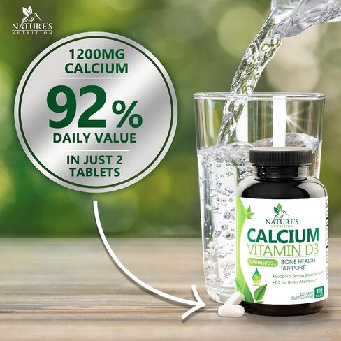 Calcium 1200 mg with Vitamin D3, Calcium Supplement Vitamins, Supports Bone Strength, Teeth & Immune System, Calcium Supplements for Women & Men, Nature's Absorbable Calcium Carbonate - 120 Tablets in Saudi Arabia