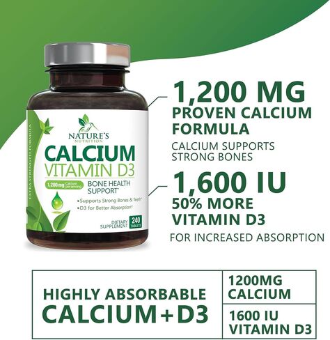 Calcium 1200 mg with Vitamin D3, Calcium Supplement Vitamins, Supports Bone Strength, Teeth & Immune System, Calcium Supplements for Women & Men, Nature's Absorbable Calcium Carbonate - 120 Tablets in Saudi Arabia