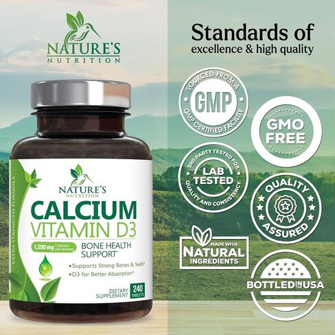 Calcium 1200 mg with Vitamin D3, Calcium Supplement Vitamins, Supports Bone Strength, Teeth & Immune System, Calcium Supplements for Women & Men, Nature's Absorbable Calcium Carbonate - 120 Tablets in Saudi Arabia