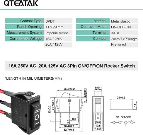QTEATAK 5PCS KCD3 SPST Boat Rocker Switch، 2-Pin 2-Position ON-OFF مفتاح إعادة الضبط الذاتي، مفتاح تبديل هزاز للقارب الأسود، 16A/250VAC 20A/ 125VAC، CE in Saudi Arabia