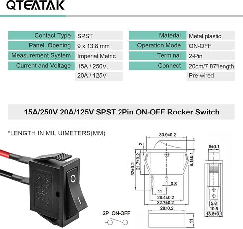 QTEATAK 5PCS KCD3 SPST Boat Rocker Switch، 2-Pin 2-Position ON-OFF مفتاح إعادة الضبط الذاتي، مفتاح تبديل هزاز للقارب الأسود، 16A/250VAC 20A/ 125VAC، CE in Saudi Arabia