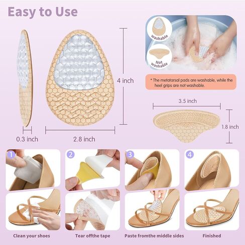 Metatarsal Pads Women, Ball of Foot Cushions (2 Pairs Foot Pads& Heel Pads), Heel Inserts for Women, High Heel Comfort Pads for Pain Relief, Anti Slip, Invisible Design, One Size Fits in Saudi Arabia