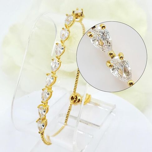 Stylish Bracelet with Tear drop-shaped Cubic Zirconia Stones, Adjustable Chain, Perfect for Bridal, Bridesmaids and Wedding Guests in Saudi Arabia