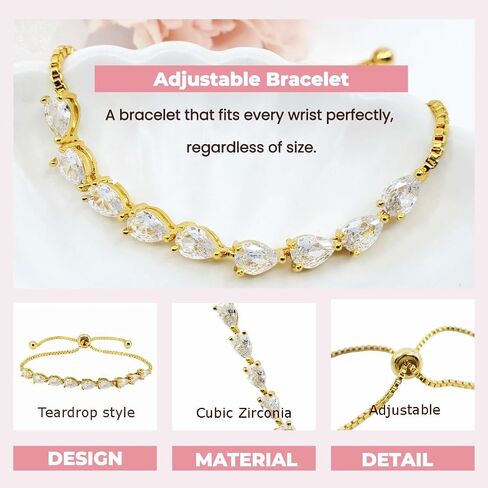 Stylish Bracelet with Tear drop-shaped Cubic Zirconia Stones, Adjustable Chain, Perfect for Bridal, Bridesmaids and Wedding Guests in Saudi Arabia