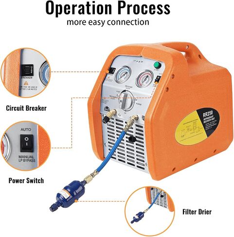 3/4 HP Refrigerant Recovery Machine, 110-120V 3/4HP, Refrigerant Recovery Tank, High Pressure Protection, 120V 60Hz Recovery Machine HVAC for Vapor Liquid Refrigerant, Orange in Saudi Arabia