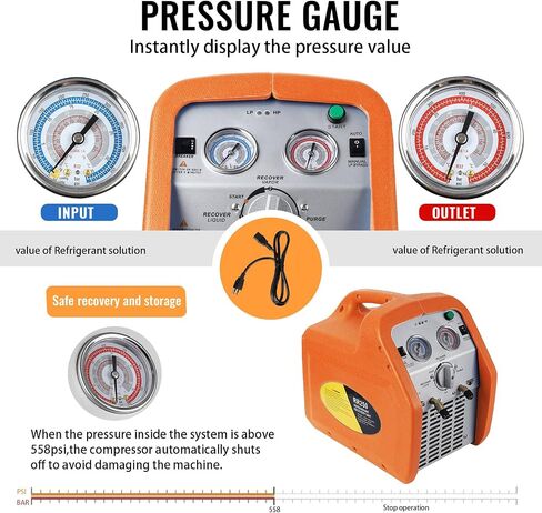 3/4 HP Refrigerant Recovery Machine, 110-120V 3/4HP, Refrigerant Recovery Tank, High Pressure Protection, 120V 60Hz Recovery Machine HVAC for Vapor Liquid Refrigerant, Orange in Saudi Arabia