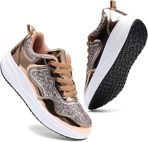 Women's Lace Up Inner Heightening Wedge Walking Shoe Sequins Fashion Sneakers Lightweight Non Slip Workout Shoes in Kuwait
