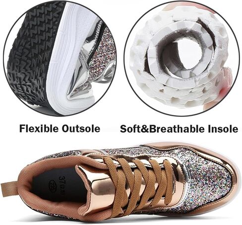 Women's Lace Up Inner Heightening Wedge Walking Shoe Sequins Fashion Sneakers Lightweight Non Slip Workout Shoes in Kuwait