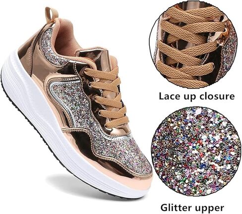 Women's Lace Up Inner Heightening Wedge Walking Shoe Sequins Fashion Sneakers Lightweight Non Slip Workout Shoes in Kuwait