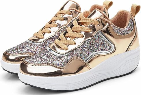 Women's Lace Up Inner Heightening Wedge Walking Shoe Sequins Fashion Sneakers Lightweight Non Slip Workout Shoes in Kuwait