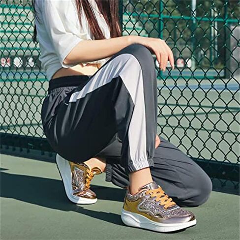 Women's Lace Up Inner Heightening Wedge Walking Shoe Sequins Fashion Sneakers Lightweight Non Slip Workout Shoes in Kuwait