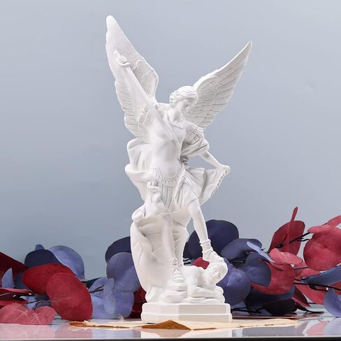 12.4in White San Miguel Arcangel Statue, St Michael Statue, Resin Saint Archangel Michael Statue, Saint Michael defeating Satan Collection Figurines, Religious Angel Suitable for Collection or Decor in Saudi Arabia