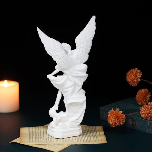 12.4in White San Miguel Arcangel Statue, St Michael Statue, Resin Saint Archangel Michael Statue, Saint Michael defeating Satan Collection Figurines, Religious Angel Suitable for Collection or Decor in Saudi Arabia