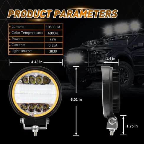 القرون الخفيفة LED، KaiDengZhe 72W 4.5 "LED ضوء العمل مع العنبر ستروب هالة حلقة الطرق الوعرة القرون بقعة الفيضانات أضواء التحرير والسرد على الطرق الوعرة القيادة أضواء الضباب 12V -36V LED لشاحنة بيك اب جيب SUV ATV UTV-2PCS in Kuwait