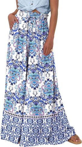 CFLONGE Women Wide Leg Pants Casual High Waist Floral Palazzo Pants for Women Flowy Trendy Lounge Boho Beach Trousers Pockets in Saudi Arabia