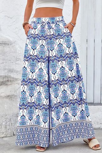 CFLONGE Women Wide Leg Pants Casual High Waist Floral Palazzo Pants for Women Flowy Trendy Lounge Boho Beach Trousers Pockets in Saudi Arabia
