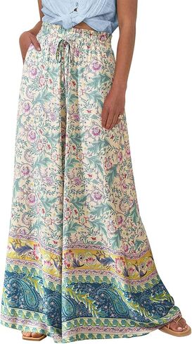 CFLONGE Women Wide Leg Pants Casual High Waist Floral Palazzo Pants for Women Flowy Trendy Lounge Boho Beach Trousers Pockets in Saudi Arabia