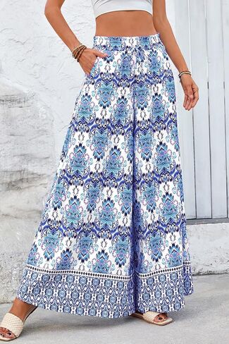 CFLONGE Women Wide Leg Pants Casual High Waist Floral Palazzo Pants for Women Flowy Trendy Lounge Boho Beach Trousers Pockets in Saudi Arabia