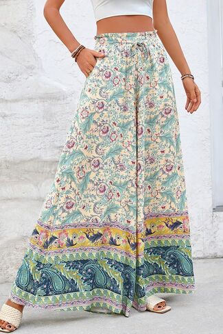CFLONGE Women Wide Leg Pants Casual High Waist Floral Palazzo Pants for Women Flowy Trendy Lounge Boho Beach Trousers Pockets in Saudi Arabia