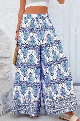 CFLONGE Women Wide Leg Pants Casual High Waist Floral Palazzo Pants for Women Flowy Trendy Lounge Boho Beach Trousers Pockets in Saudi Arabia