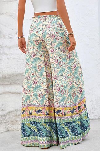CFLONGE Women Wide Leg Pants Casual High Waist Floral Palazzo Pants for Women Flowy Trendy Lounge Boho Beach Trousers Pockets in Saudi Arabia