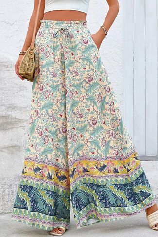 CFLONGE Women Wide Leg Pants Casual High Waist Floral Palazzo Pants for Women Flowy Trendy Lounge Boho Beach Trousers Pockets in Saudi Arabia